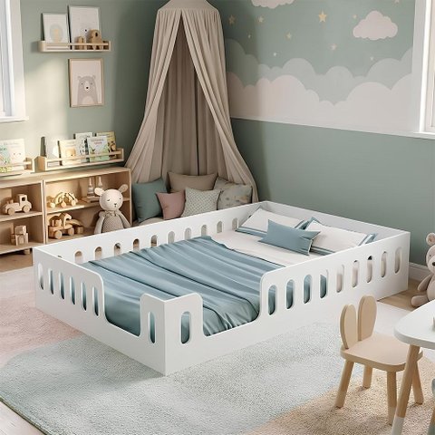 Cama Montessoriana Casal Penelope Baixa no Chão com Grades Laterais Segurança Quarto Design - Branco