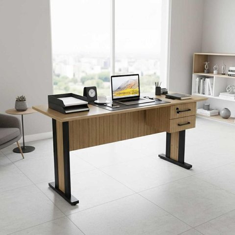 Mesa Escrivaninha Escritório Home Office 1,6m C/ Gaveteiro Acoplado e Tampo Chanfrado Cor:amêndoa