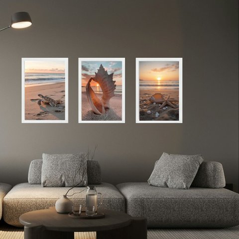 Kit 3 Quadros Praia por do Sol Conchas Tartaruga 24x18cm:moldura Branca