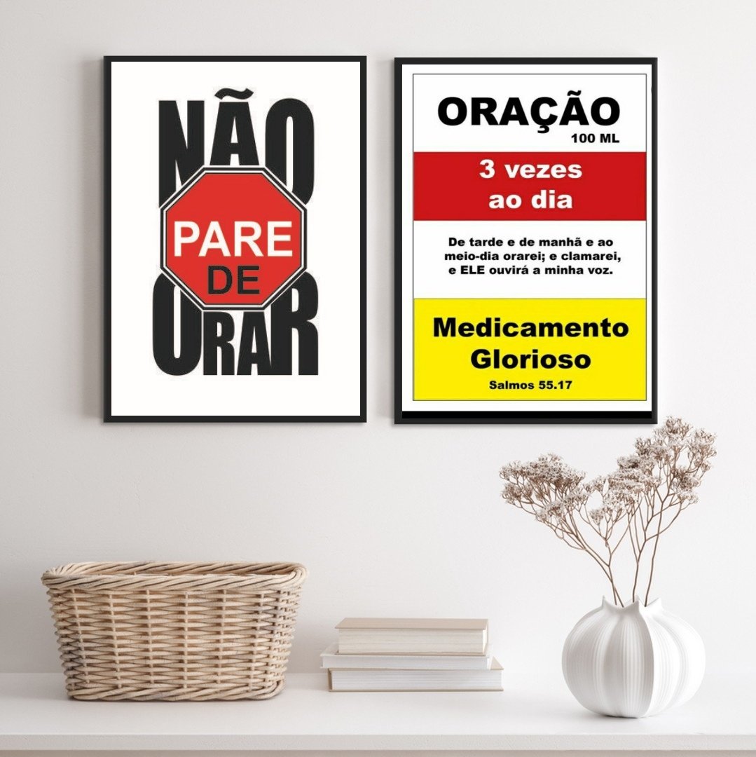 Kit 2 Quadros Cristãos Oração - Medicamento 45x34cm:madeira Branca - 1