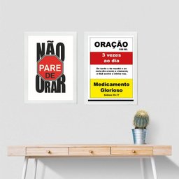 Kit 2 Quadros Cristãos Oração - Medicamento 45x34cm:madeira Branca - 2