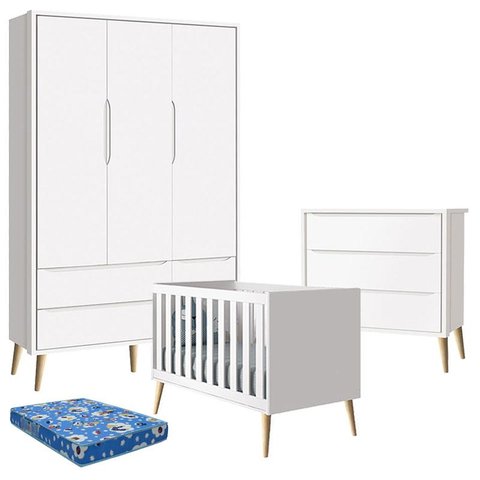 Quarto de Bebê Theo 3 Portas com Colchão e Cômoda Gaveteiro Branco Acetinado Pés Madeira Natural - R