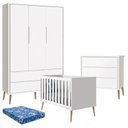 Ver imagem 1 de Quarto de Bebê Theo 3 Portas com Colchão e Cômoda Gaveteiro Branco Acetinado Pés Madeira Natural - R