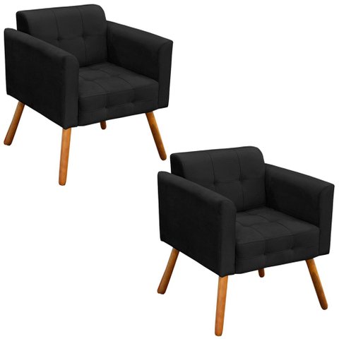 Kit 2 Poltronas Decorativas Pés Palito Karen Suede Preto - Gran Belo