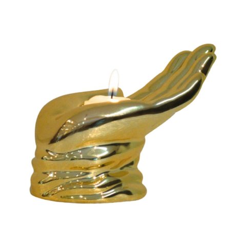 Escultura Porta-Velas Mão de Buda Mudra Poliresina Dourado Espelhado 14cm Columbus Gold