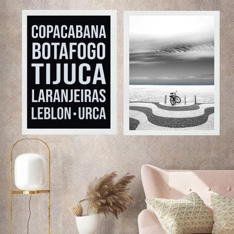 Kit 2 Quadros Rio de Janeiro Zona Sul - Bairros 24x18cm - com Vidro:moldura Branca