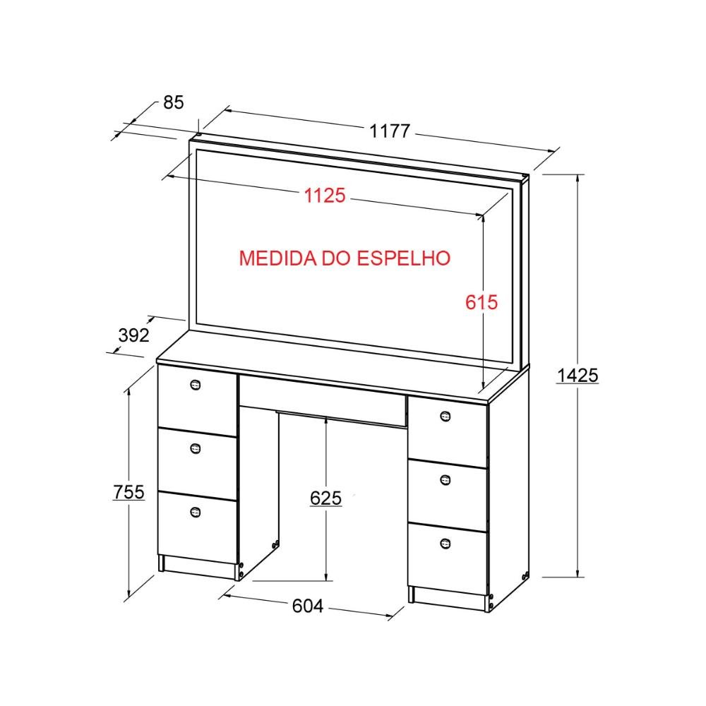 Penteadeira Ditália 7 Gavetas PE-80 Preto UV Acetinado - 7