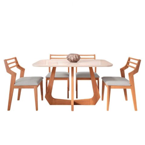 Mesa com 4 Cadeiras Damasco Bromelia 1,30 Sala de Jantar Moderna Madeira/off White/linho Cinza
