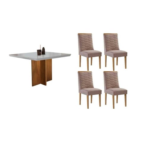 Conjunto: Mesa de Cozinha Berlim Curvo 90cm + 4 Cadeiras Maldivas Naturale/Off White - Linho
