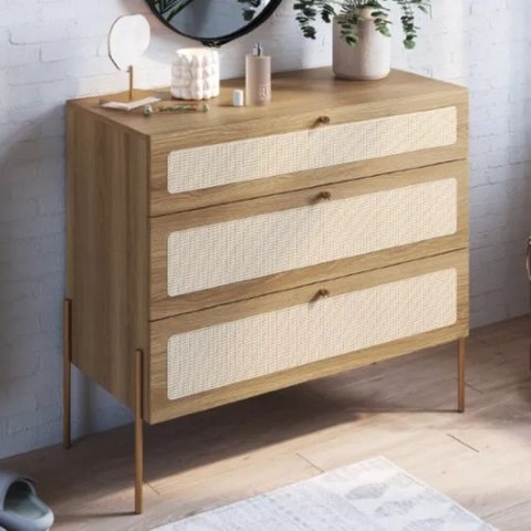 Cômoda 3 Gavetas Palhinha Pé Madeira Oslo Artesano Hanover