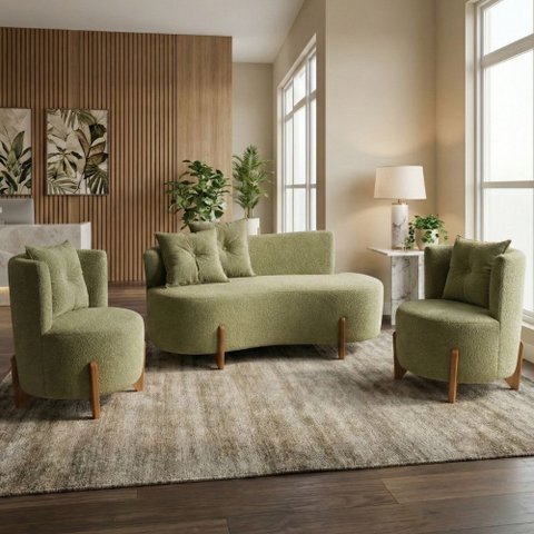 Conjunto 2 Poltronas + Sofá Curvo Orgânico Luna Boucle Verde Menta - Montanaris Decor