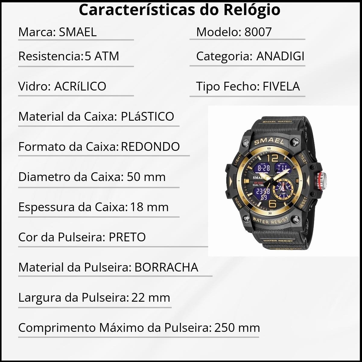 Relógio Masculino Smael Anadigi 8007 Preto e Dourado - 2