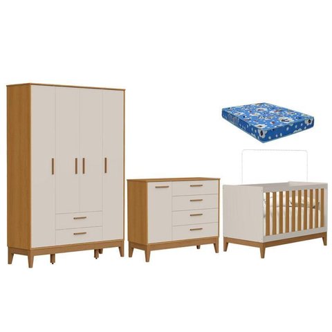 Quarto de Bebê Flip com Cômoda Sapateira Areia Acetinado Savana com Colchão - Reller