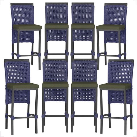 8 Banquetas em Alumínio Roma Preta Corda Náutica Tecido 13