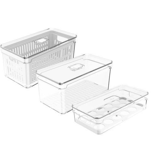 Kit 3 Caixas Organizadoras de Geladeira Transparentes Armazenadoras de Frutas Legumes Ovos Clear Fre