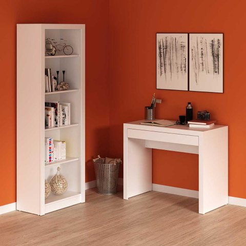 Kit Escritório Home Office com Mesa Gaveta e Estante Br Cor:branco