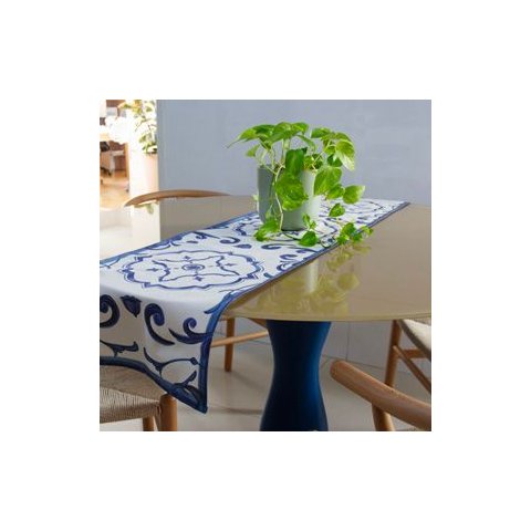 Trilho de Mesa 150x40 cm Branco Cru e Azul Sarja de Algodão Paixão Mediterrânea