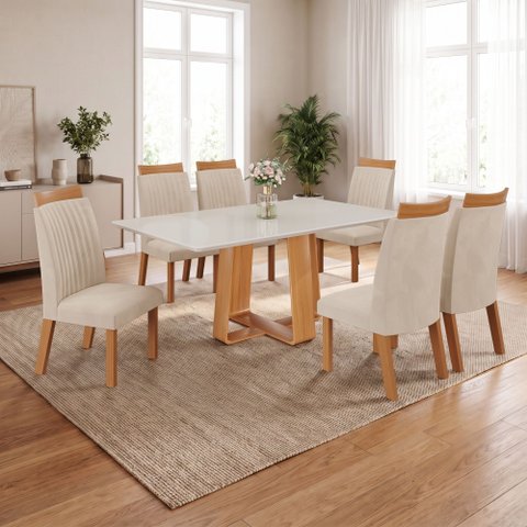 Conjunto Mesa de Jantar com Vidro e 6 Cadeiras 160cm Multimóveis Crljm-CON030 Madeirado/Off White