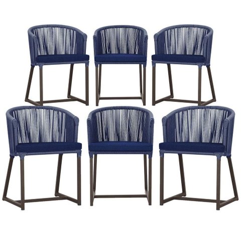 6 Cadeiras de Jantar Noronha Marrom Corda Náutica E10 Trama Azul