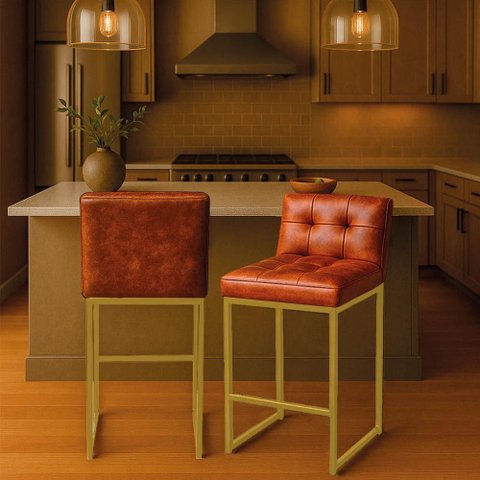 Banqueta Cozinha Alta com Encosto Industrial Kit 2 Dourado Lirina Pu Nozes C05 - D’Rossi