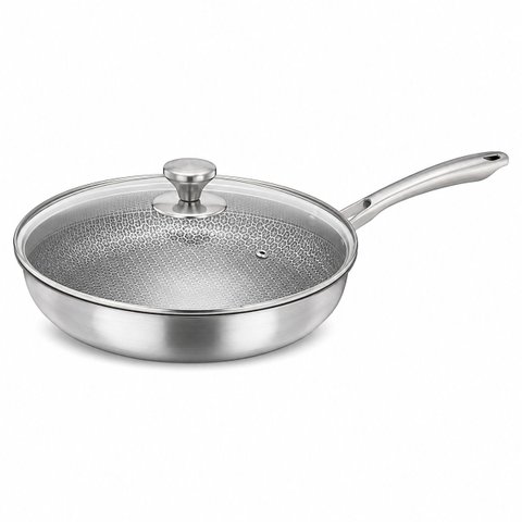 Frigideira 28cm Aco Inox Antiaderente com Tampa de Vidro