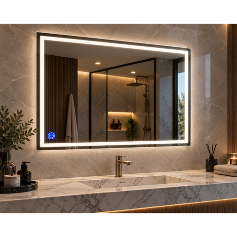 Espelho 4mm Iluminação LED 80x100 Horizontal Luz Fria Iluminado Frente e Atrás 2 Faixas Finas