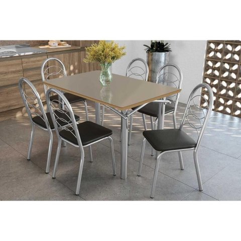 Sala de Jantar Completa Elba Tampo Madeirado C/ Vidro 120cm e 6 Cadeiras Holanda Cromada/freijo