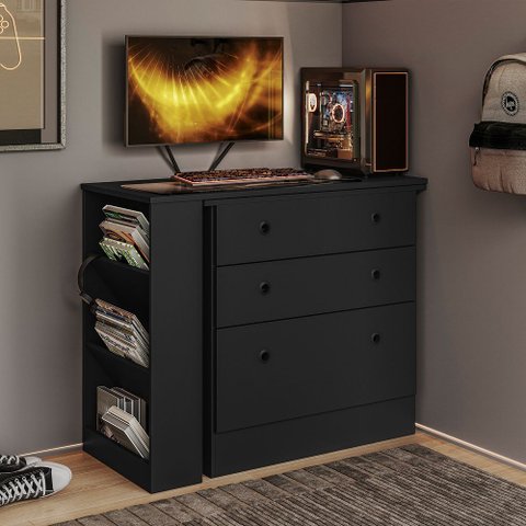Cômoda 3 Gavetas com Mesa Giratória Gamer Preto- Qmovi