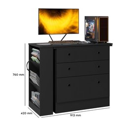 Cômoda 3 Gavetas com Mesa Giratória Gamer Preto- Qmovi - 3