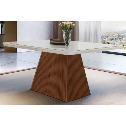 Mesa de Sala Jantar Luna + Tampo Madeirado Vidro Curvo 120x80cm Off White/Imbuia Ripado-Vidro Off