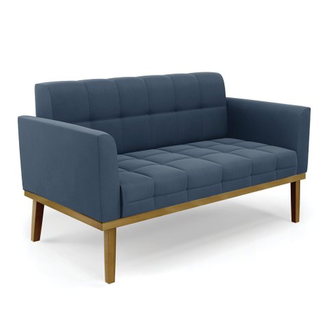 Sofá Namoradeira Base de Madeira Castanho Elisa Suede Azul Marinho D03 - D'Rossi