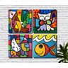Romero Britto kit 4 Quadros Abapuru Peixinho e 2 Gatinhos - 1