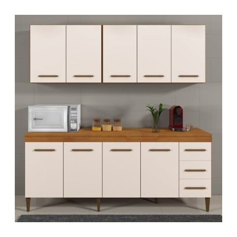 Cozinha Completa 9 Portas e 3 Gavetas Atenas Kaiki Moveis Nature/off White