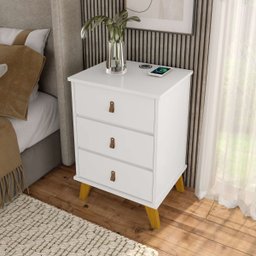 Mesa de Cabeceira Texas com 3 Gavetas Carregador sem Fio:branco - 5