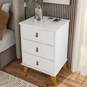 Mesa de Cabeceira Texas com 3 Gavetas Carregador sem Fio:branco