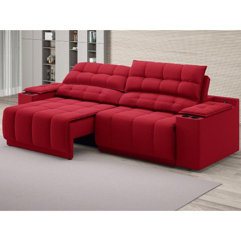 Sofá com Porta Copos Carregador Usb Ret Rec Samurai 2,30m Velosuede Vermelho - Netsofas