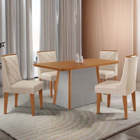 Mesa de Jantar Diane 120cm Tampo MDF Lam 4 Cadeiras Isadora Moderna Veludo Creme Naturale Off White