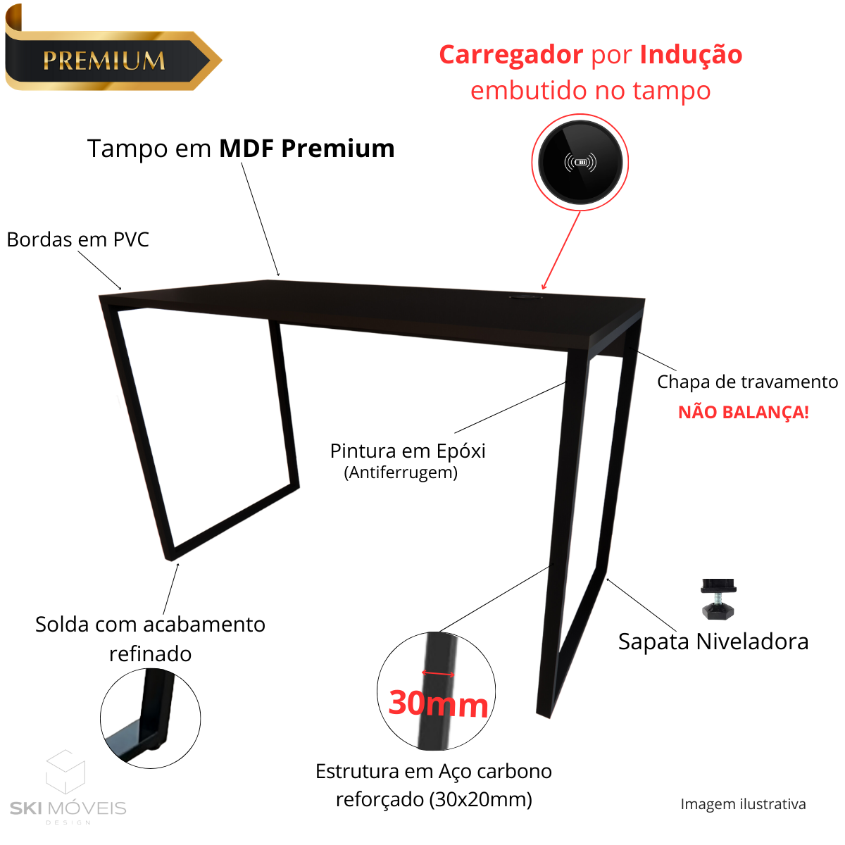 Mesa Escrivaninha Home Office Estilo Industrial 100% Mdf com Carregador por Indução - Wireless sem F - 3