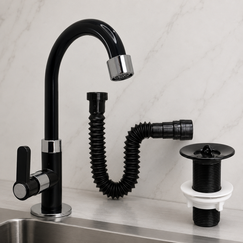 Kit Torneira Preta Lavatório Banheiro ABS + Válvula Lavatório ABS + Sifão Extensível