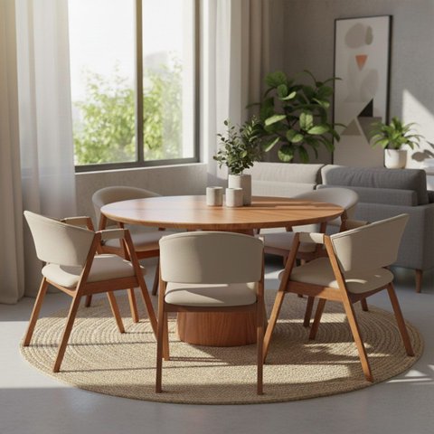 Mesa de Jantar Redonda para 5 Lugares 130cm Liz Base Cone Amadeirado Ccs