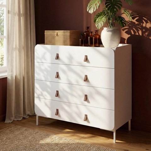 Cômoda 90x81cm com 4 Gavetas Puxador em Couro Pês Metálicos Branco BMU187