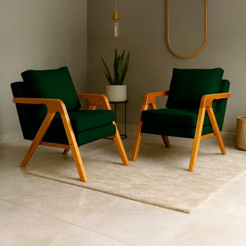 Kit 2 Poltrona Sala Decorativa Stella Estofada Veludo Verde Base Madeira Castanho - Arkell