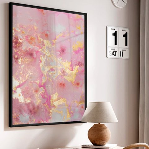 Quadro Decorativo Abstrato Mármore Rose Gold em Moldura Caixa Tacolado Moldura Trad 1cm Branca com V