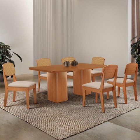 Mesa de Jantar Eloise 180cm Tampo Mdf 6 Cadeiras Moderna Veludo Creme/naturale