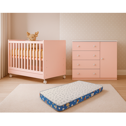 O Conjunto Perfeito para Seu Bebê Berço Americano + Cômoda + Colchão Ortobom Rosa Acetinado - Qmovi - 1