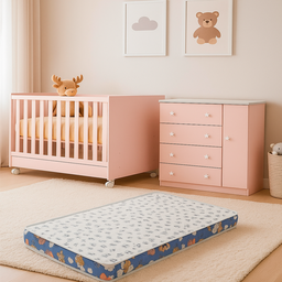 O Conjunto Perfeito para Seu Bebê Berço Americano + Cômoda + Colchão Ortobom Rosa Acetinado - Qmovi - 1