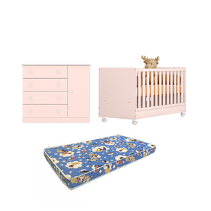 O Conjunto Perfeito para Seu Bebê Berço Americano + Cômoda + Colchão Ortobom Rosa Acetinado - Qmovi