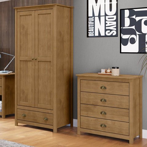 Conjunto Quarto Guarda-roupa 2 Portas, Cômoda 4 Gavetas Freijó Topázio Madeira Pinus - Finestra