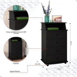 Criado Mesa de Cabeceira com 4 Gavetas e Nicho Luxo Ii:preto - 3