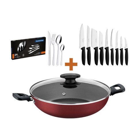 KIT - Panela Wok Alumínio 28Cm + 1 Conjunto Facas 9pç + 1 Faqueiro Inox 24pç - Tramontina